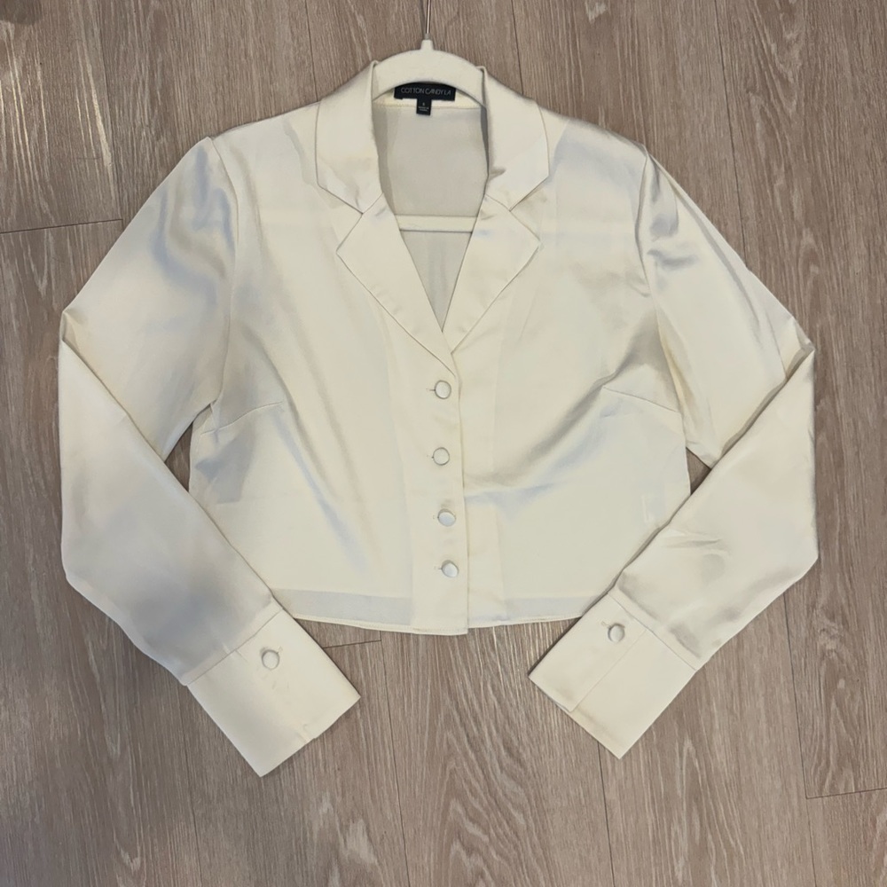 Cream Satin Button-Up Blouse